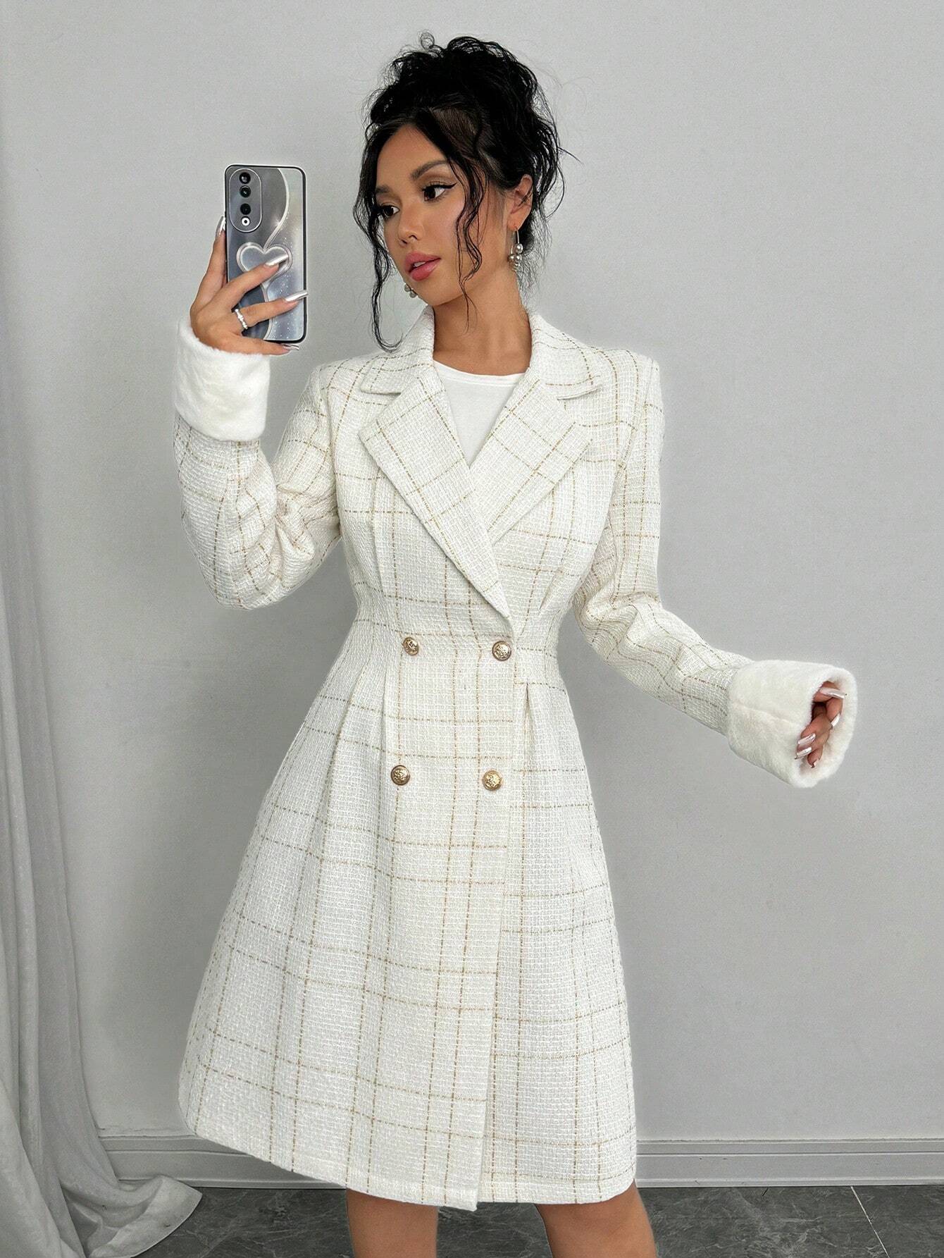  | SHEIN Elenzya New Arrival Autumn Winter White Woolen Blend Long Sleeve Double-Breasted Gold Button Cinched Waist Cuff Fur Trim Fitted Knee Length Coat | Blazer | Shein | OneHub