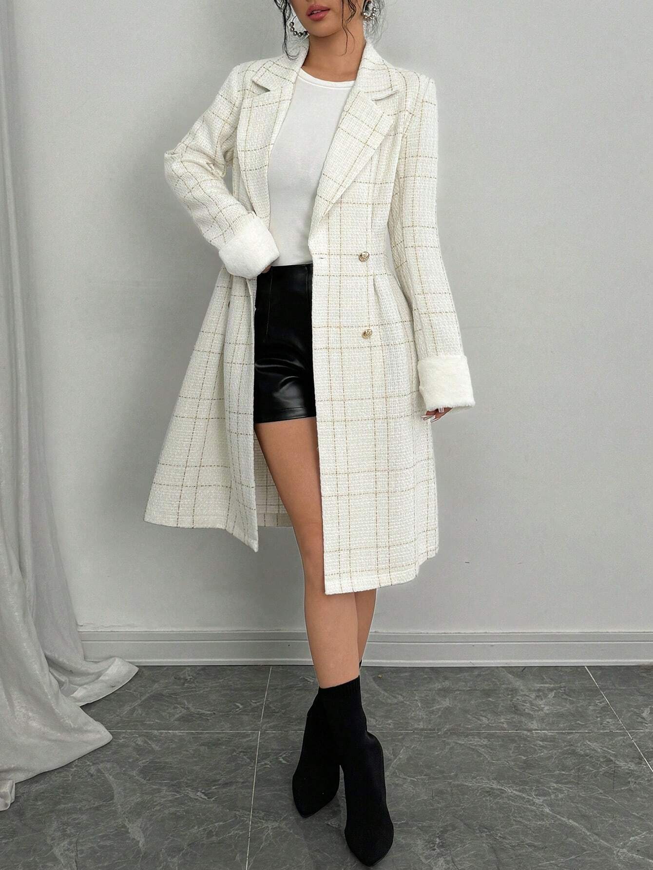  | SHEIN Elenzya New Arrival Autumn Winter White Woolen Blend Long Sleeve Double-Breasted Gold Button Cinched Waist Cuff Fur Trim Fitted Knee Length Coat | Blazer | Shein | OneHub