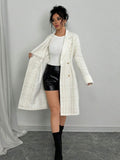  | SHEIN Elenzya New Arrival Autumn Winter White Woolen Blend Long Sleeve Double-Breasted Gold Button Cinched Waist Cuff Fur Trim Fitted Knee Length Coat | Blazer | Shein | OneHub