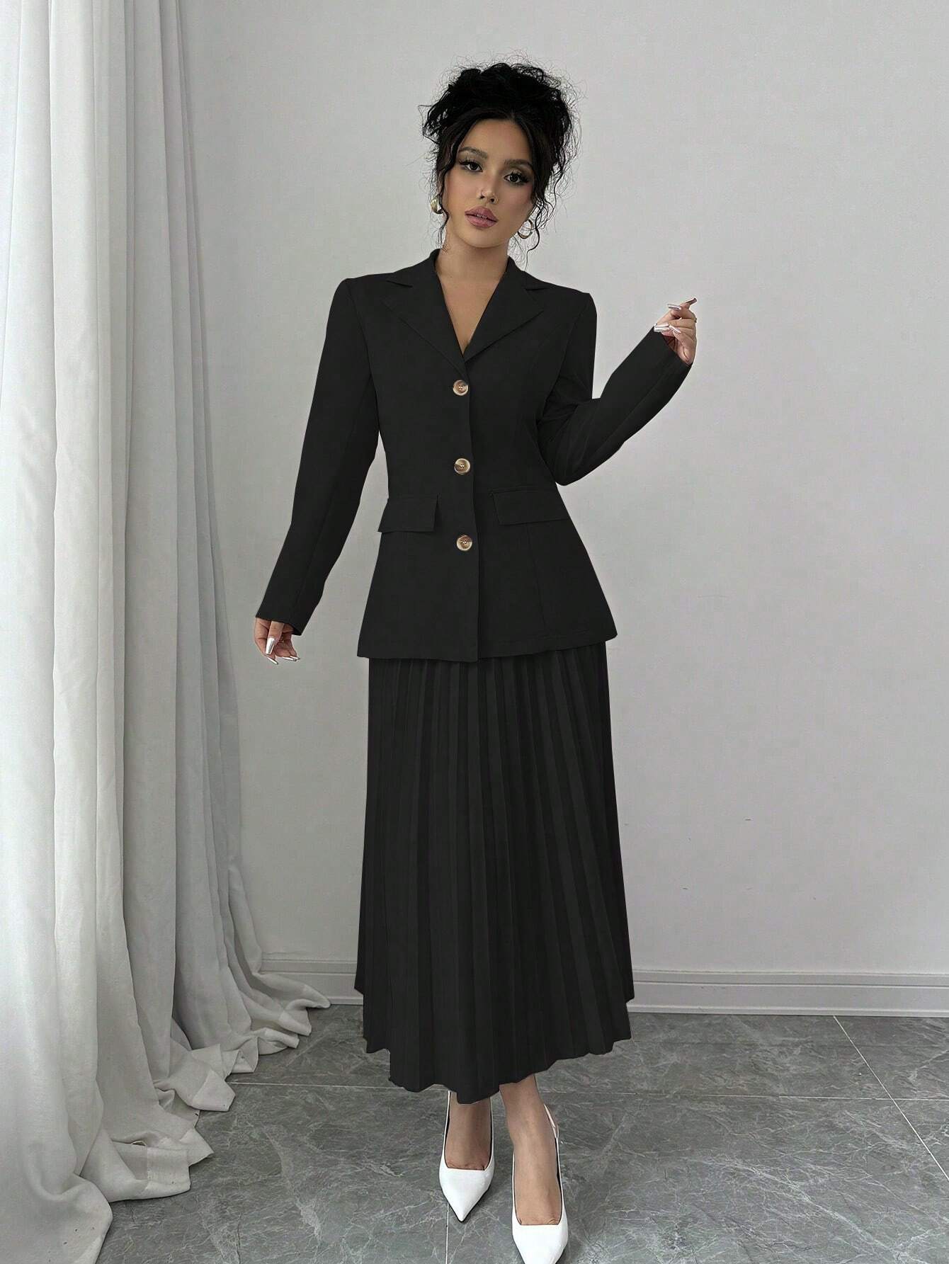  | SHEIN Elenzya Women Plain Front Button Long Sleeve Blazer And A-Line Pleated Skirt Suit Set | Top and Pant Set | Shein | OneHub