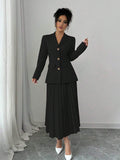  | SHEIN Elenzya Women Plain Front Button Long Sleeve Blazer And A-Line Pleated Skirt Suit Set | Top and Pant Set | Shein | OneHub