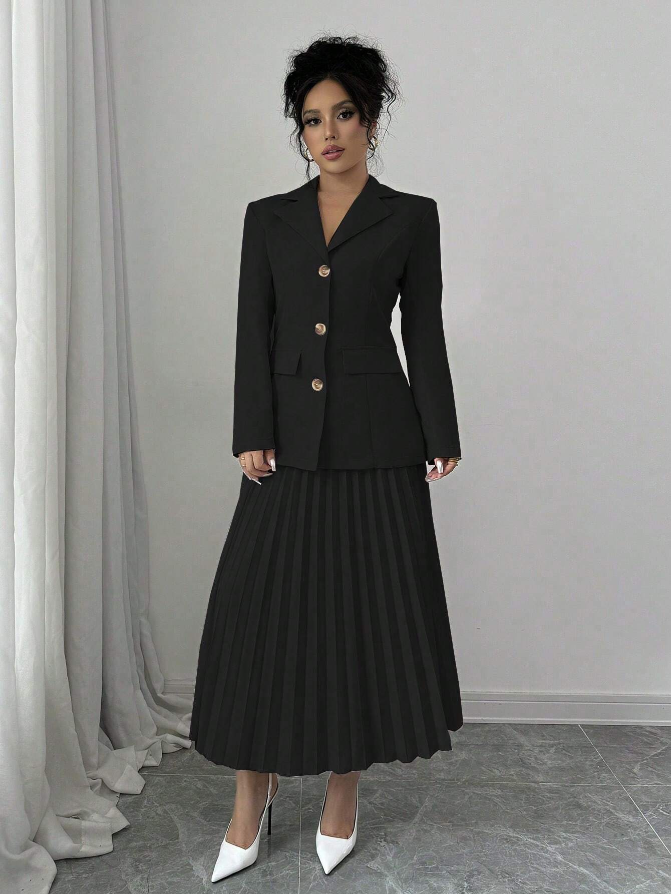 | SHEIN Elenzya Women Plain Front Button Long Sleeve Blazer And A-Line Pleated Skirt Suit Set | Top and Pant Set | Shein | OneHub