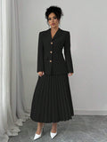  | SHEIN Elenzya Women Plain Front Button Long Sleeve Blazer And A-Line Pleated Skirt Suit Set | Top and Pant Set | Shein | OneHub