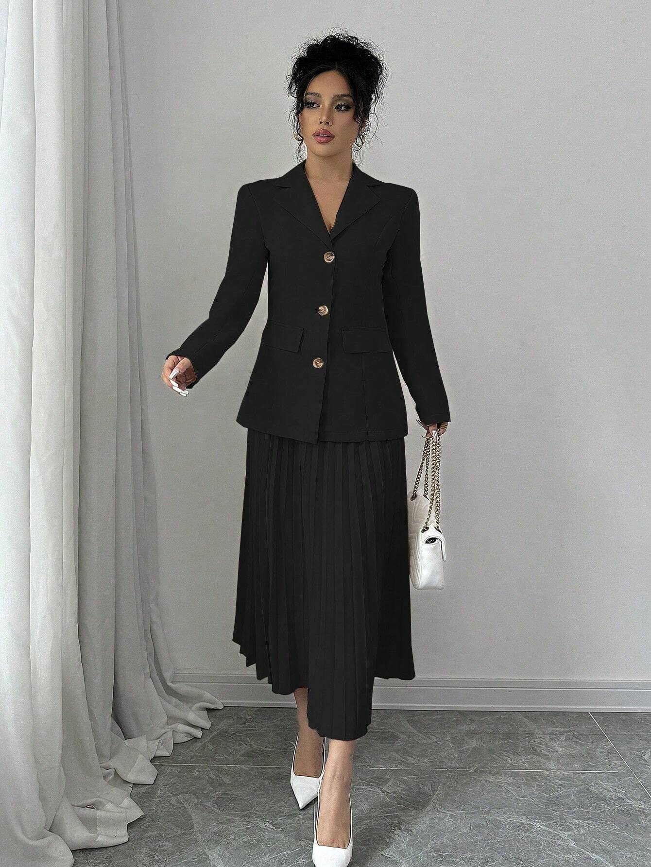  | SHEIN Elenzya Women Plain Front Button Long Sleeve Blazer And A-Line Pleated Skirt Suit Set | Top and Pant Set | Shein | OneHub