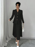  | SHEIN Elenzya Women Plain Front Button Long Sleeve Blazer And A-Line Pleated Skirt Suit Set | Top and Pant Set | Shein | OneHub