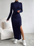 SHEIN Essnce 1pc Women Solid Color Stand Collar Side Split Slim Fit Dress