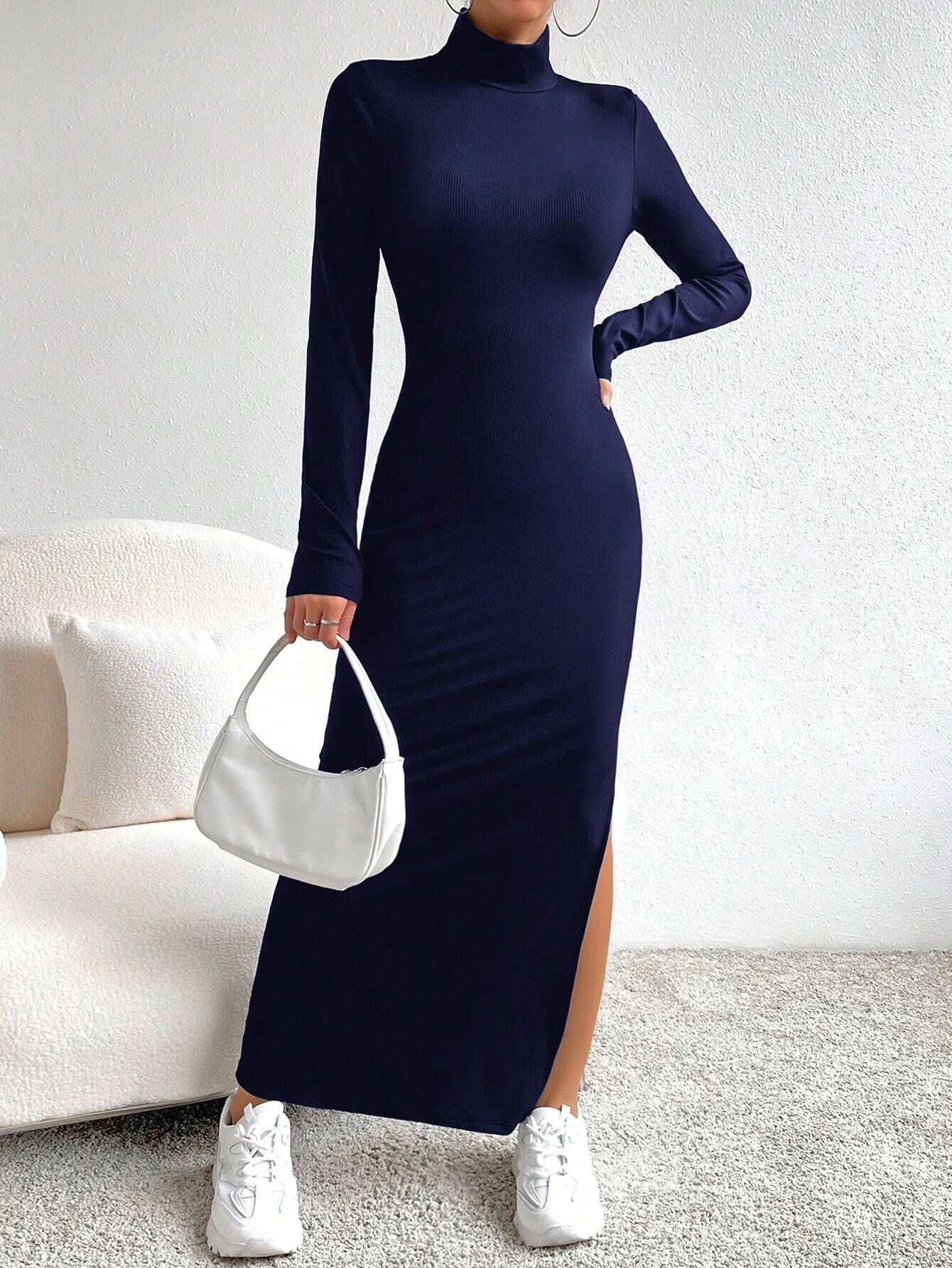  | SHEIN Essnce 1pc Women Solid Color Stand Collar Side Split Slim Fit Dress | Dress | Shein | OneHub