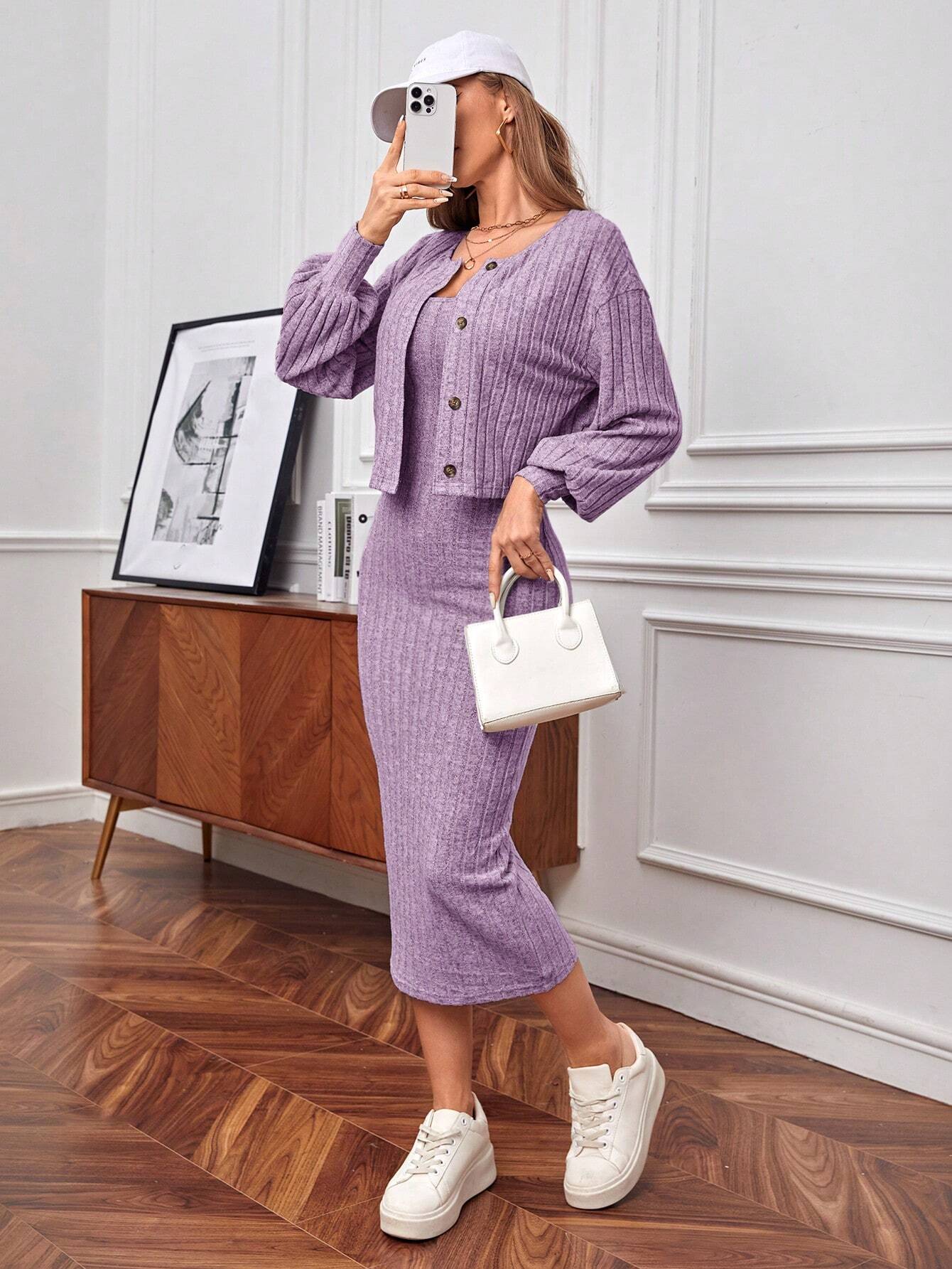  | SHEIN Essnce Button Up Drop Shoulder Sleeve Jacket And Cami Dress 2pcs/Set | Dress | Shein | OneHub