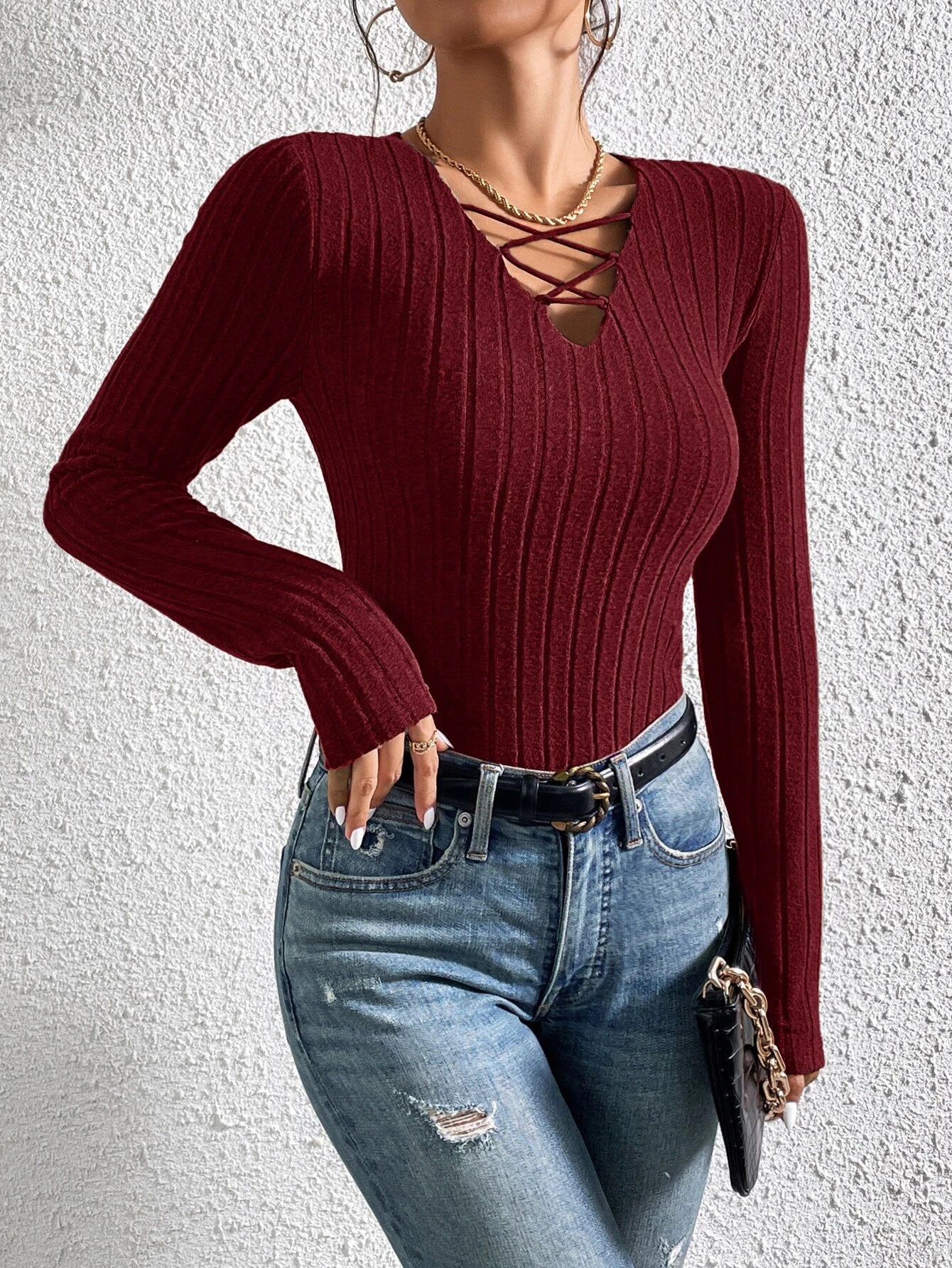  | SHEIN Essnce Crisscross Front Ribbed Knit Tee | Top | Shein | OneHub