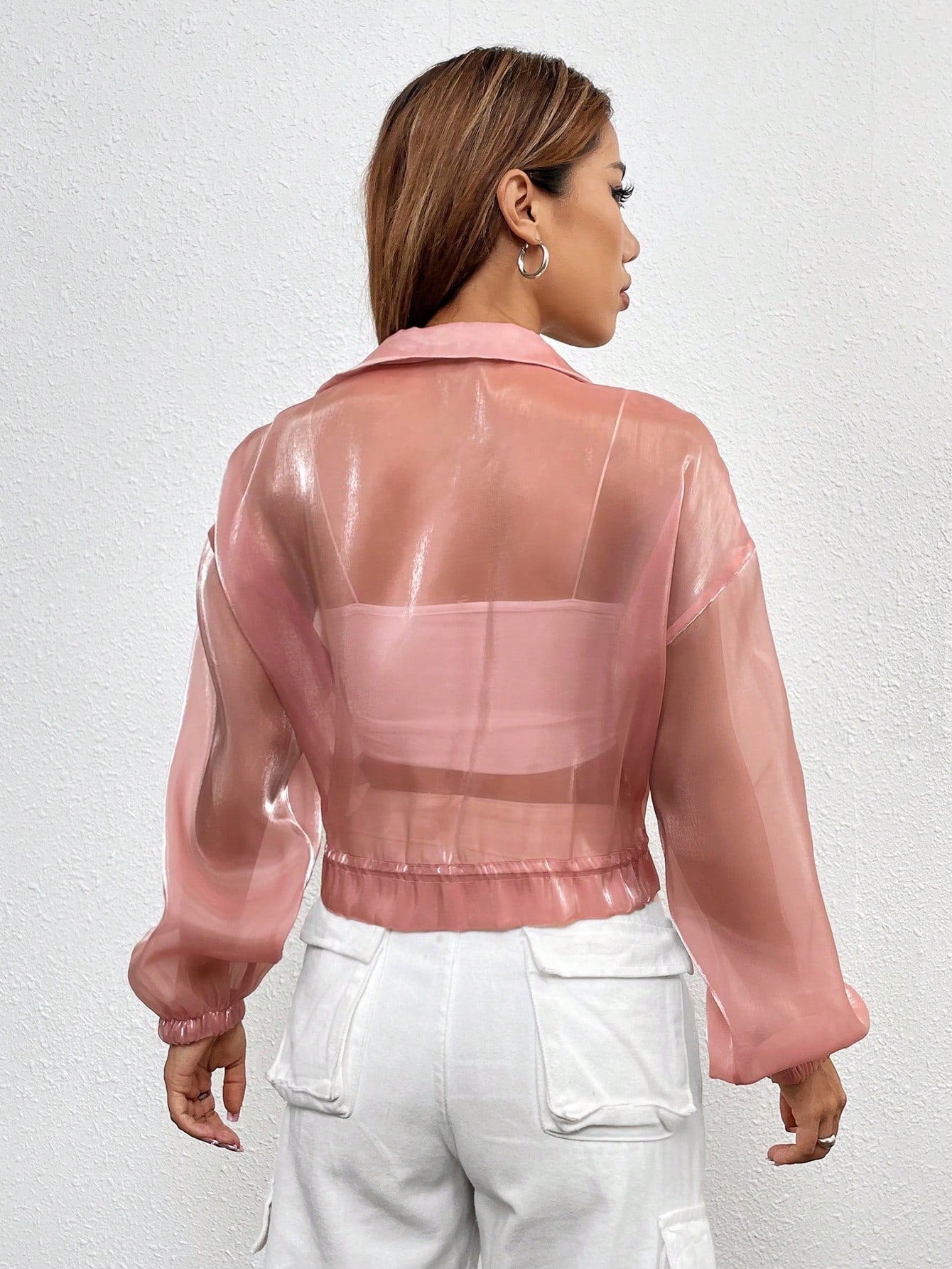  | SHEIN Essnce Flap Detail Drawstring Hem Drop Shoulder Mesh Jacket Without Cami Top | Jacket | Shein | OneHub