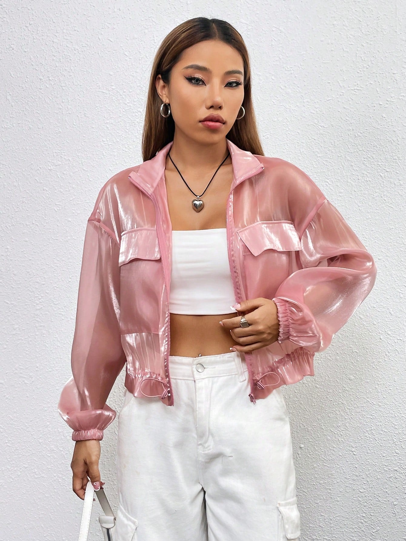 | SHEIN Essnce Flap Detail Drawstring Hem Drop Shoulder Mesh Jacket Without Cami Top | Jacket | Shein | OneHub