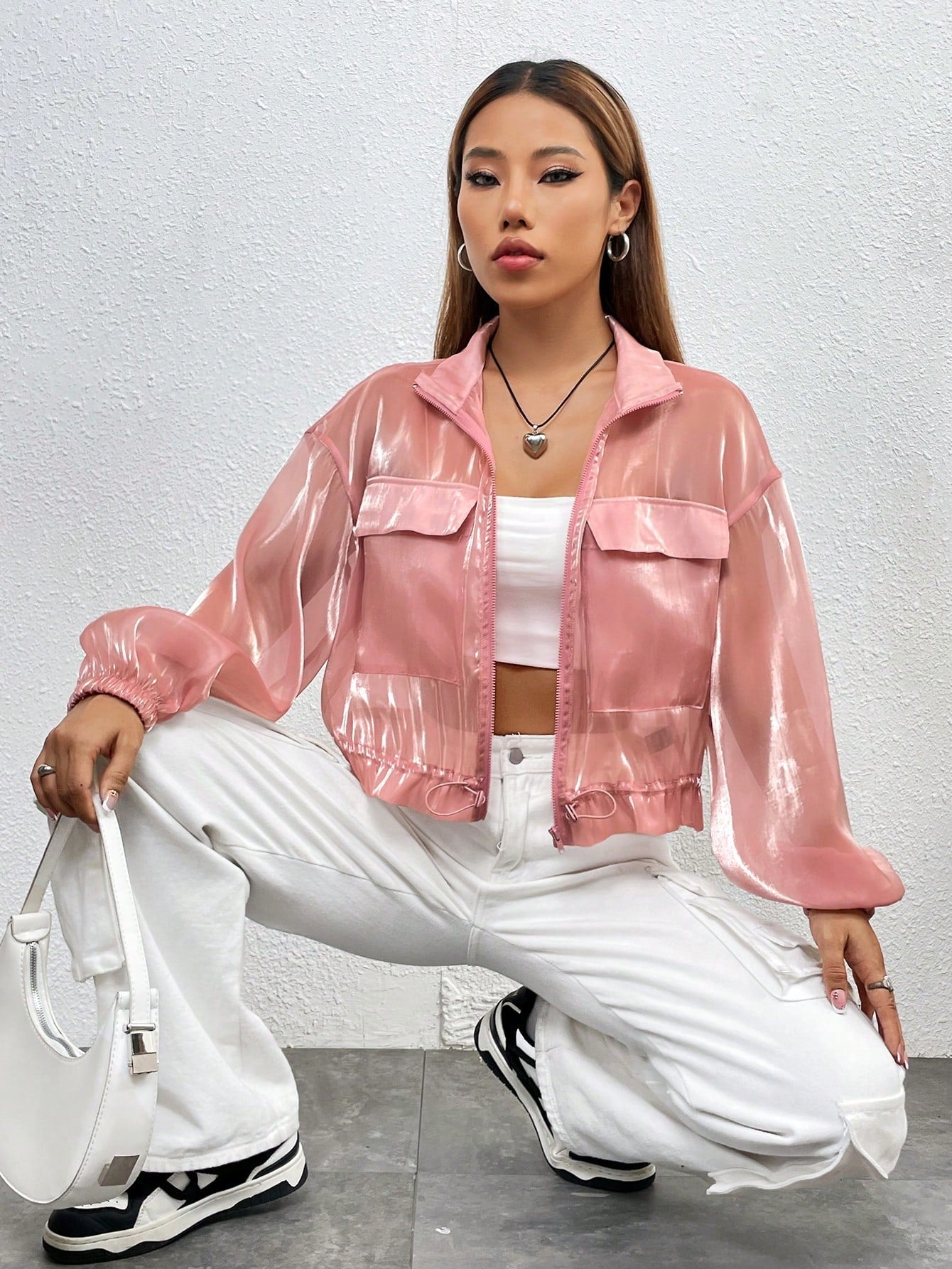  | SHEIN Essnce Flap Detail Drawstring Hem Drop Shoulder Mesh Jacket Without Cami Top | Jacket | Shein | OneHub