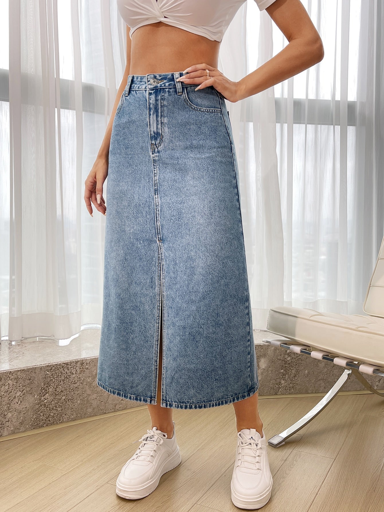  | SHEIN Essnce High Waist Split Thigh Denim Skirt | Skirt | Shein | OneHub