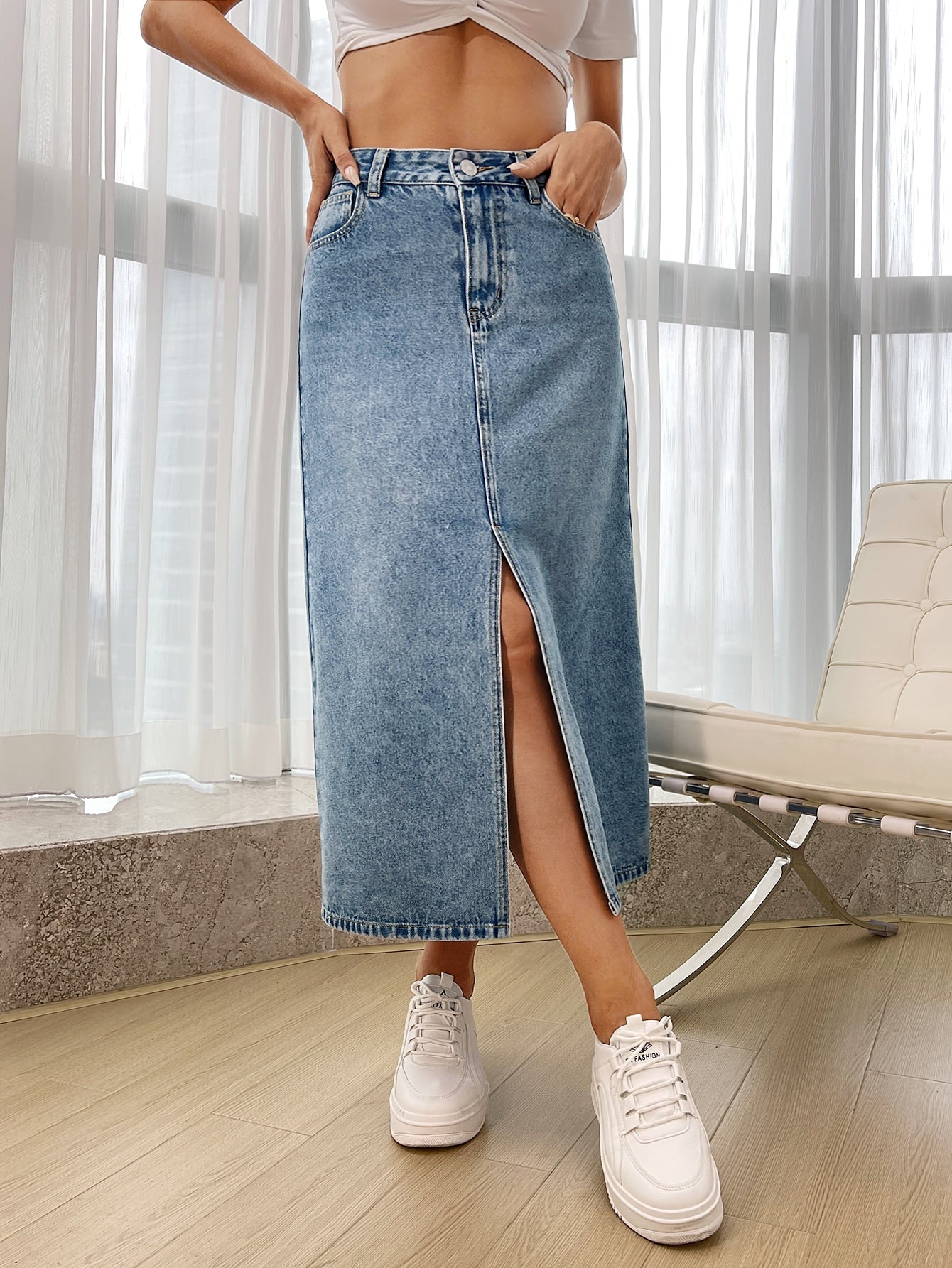  | SHEIN Essnce High Waist Split Thigh Denim Skirt | Skirt | Shein | OneHub