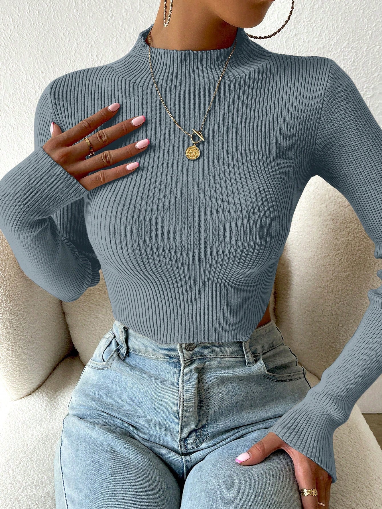  | SHEIN Essnce Mock Neck Ribbed Knit Crop Sweater | Sweater | Shein | OneHub
