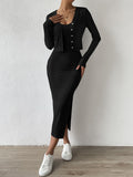  | SHEIN Essnce Ribbed Knit Button Front Top & Split Thigh Bodycon Dress | Dress | Shein | OneHub
