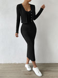  | SHEIN Essnce Ribbed Knit Button Front Top & Split Thigh Bodycon Dress | Dress | Shein | OneHub