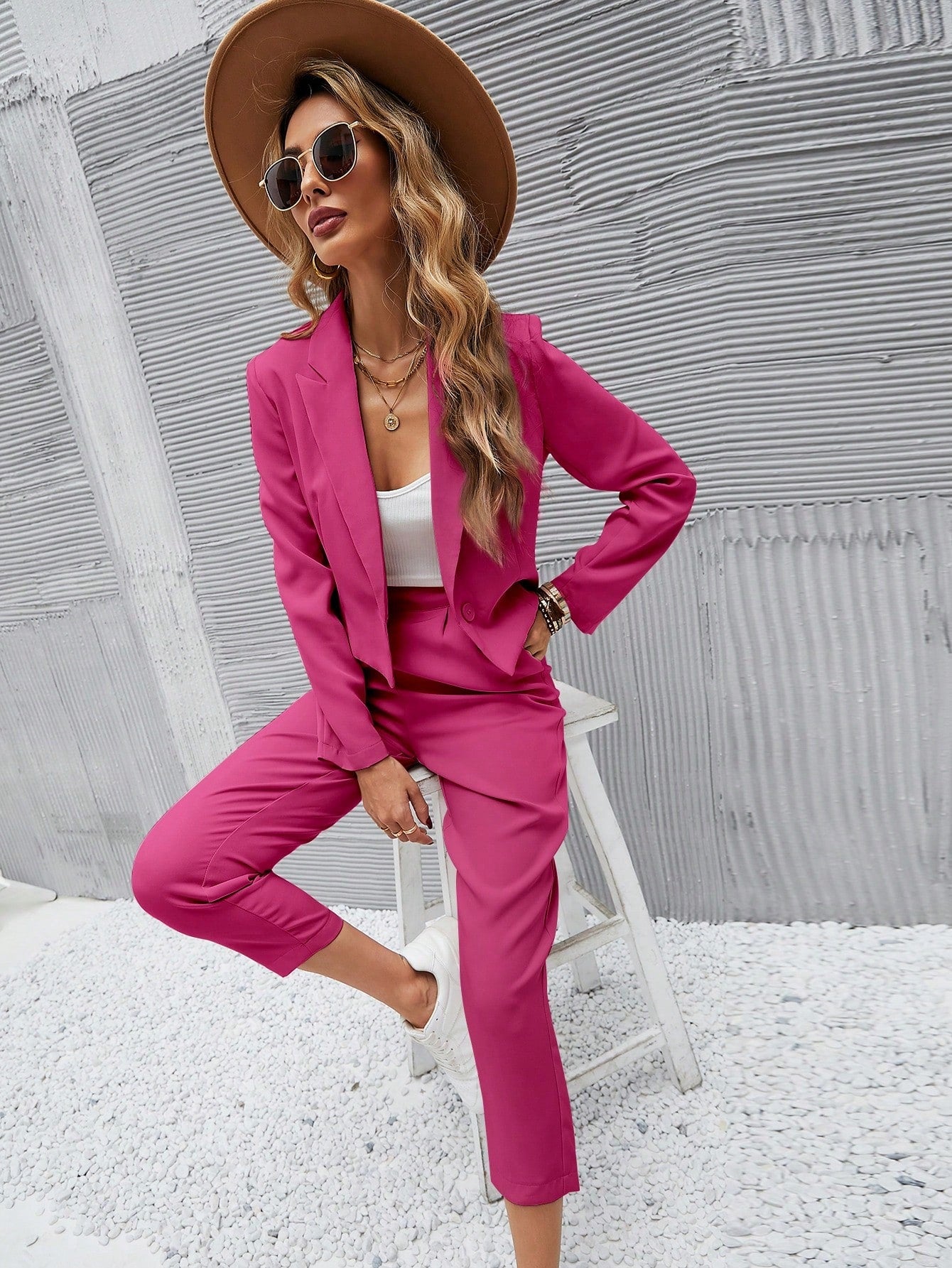  | SHEIN Essnce Solid Single Button Crop Blazer And Slant Pocket Tailored Pants | Blazer | Shein | OneHub