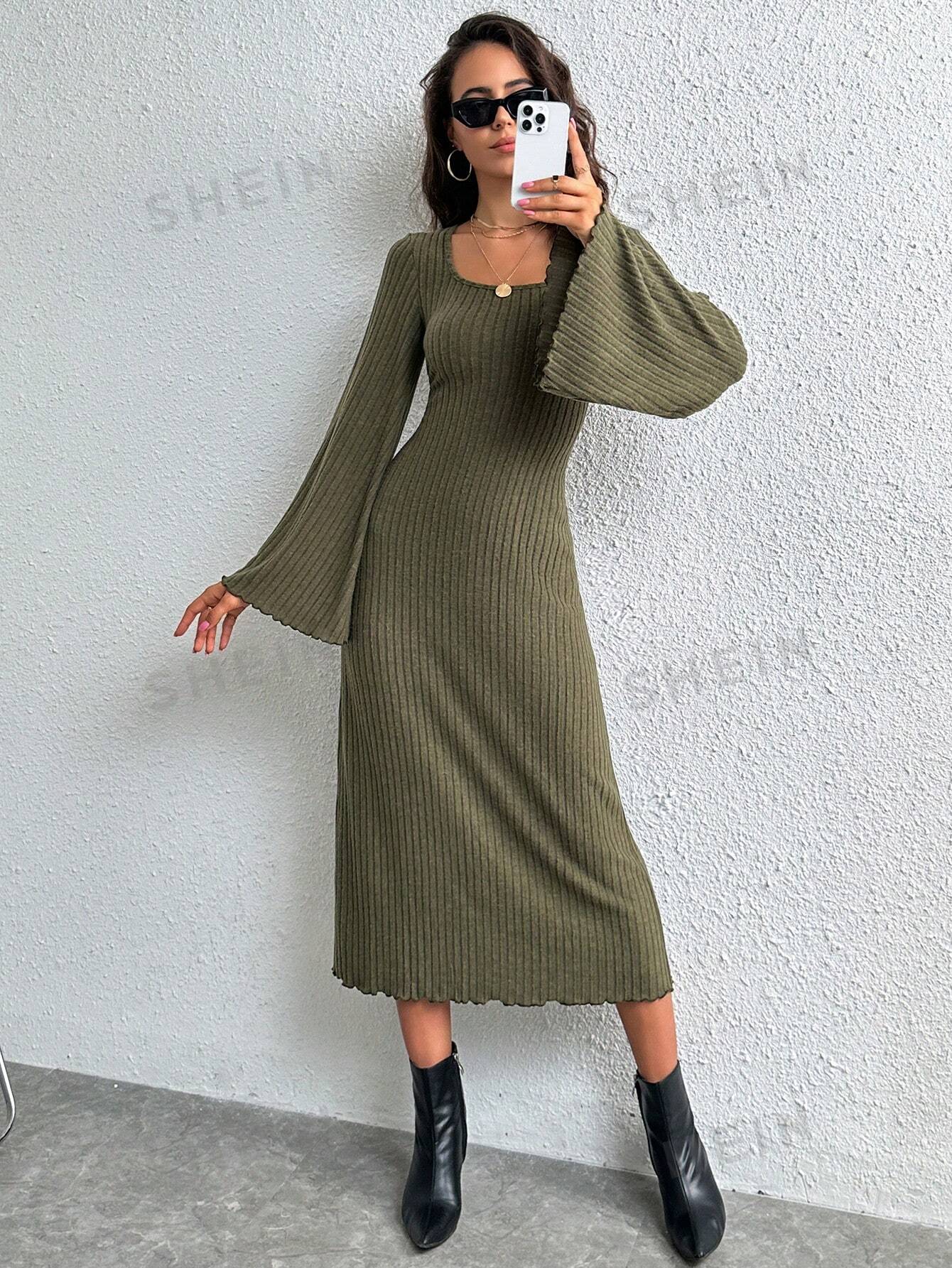  | SHEIN Essnce Square Neck Trumpet Sleeve Lettuce Trim Bodycon Dress | Dress | Shein | OneHub