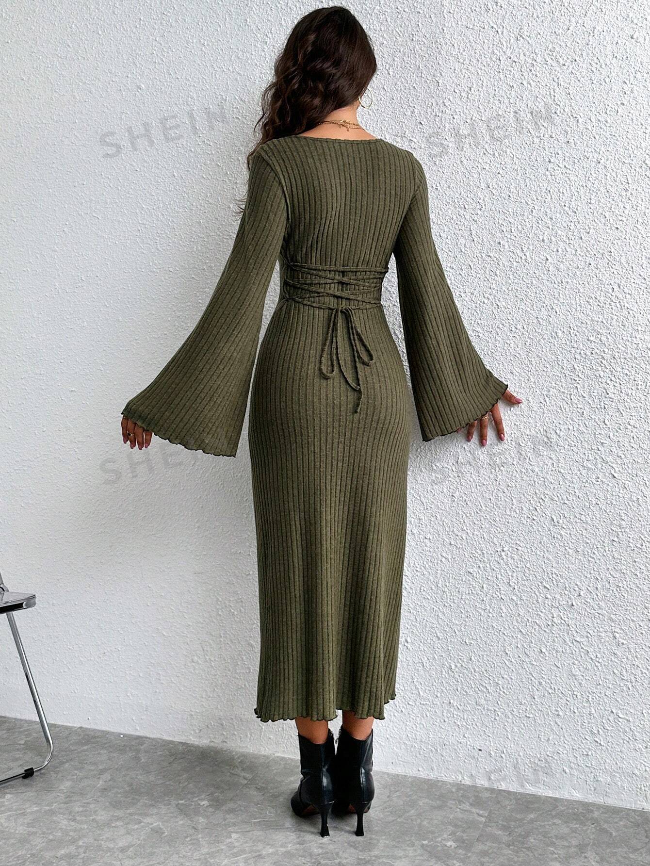  | SHEIN Essnce Square Neck Trumpet Sleeve Lettuce Trim Bodycon Dress | Dress | Shein | OneHub