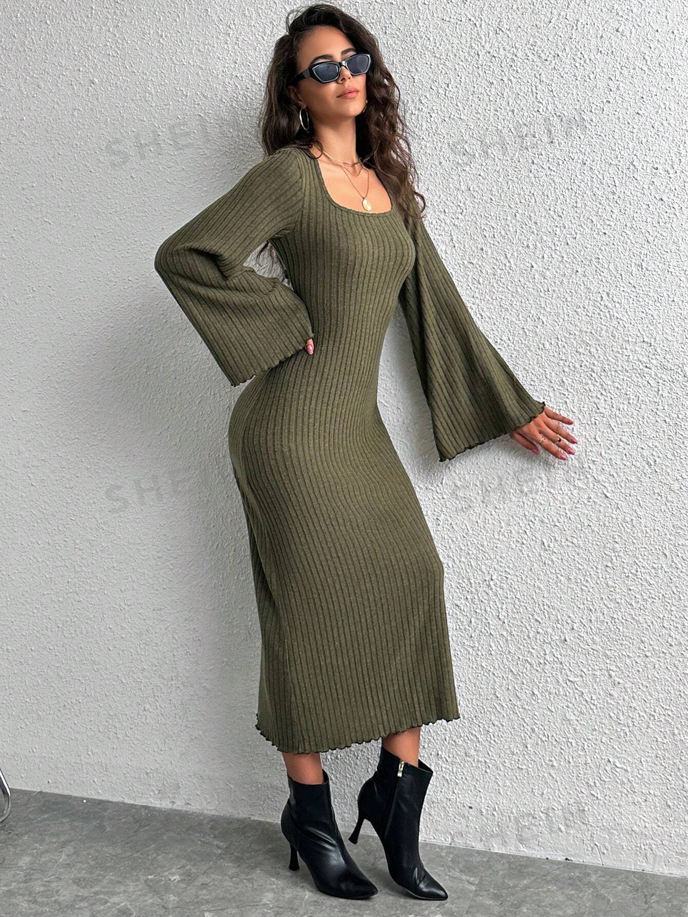  | SHEIN Essnce Square Neck Trumpet Sleeve Lettuce Trim Bodycon Dress | Dress | Shein | OneHub