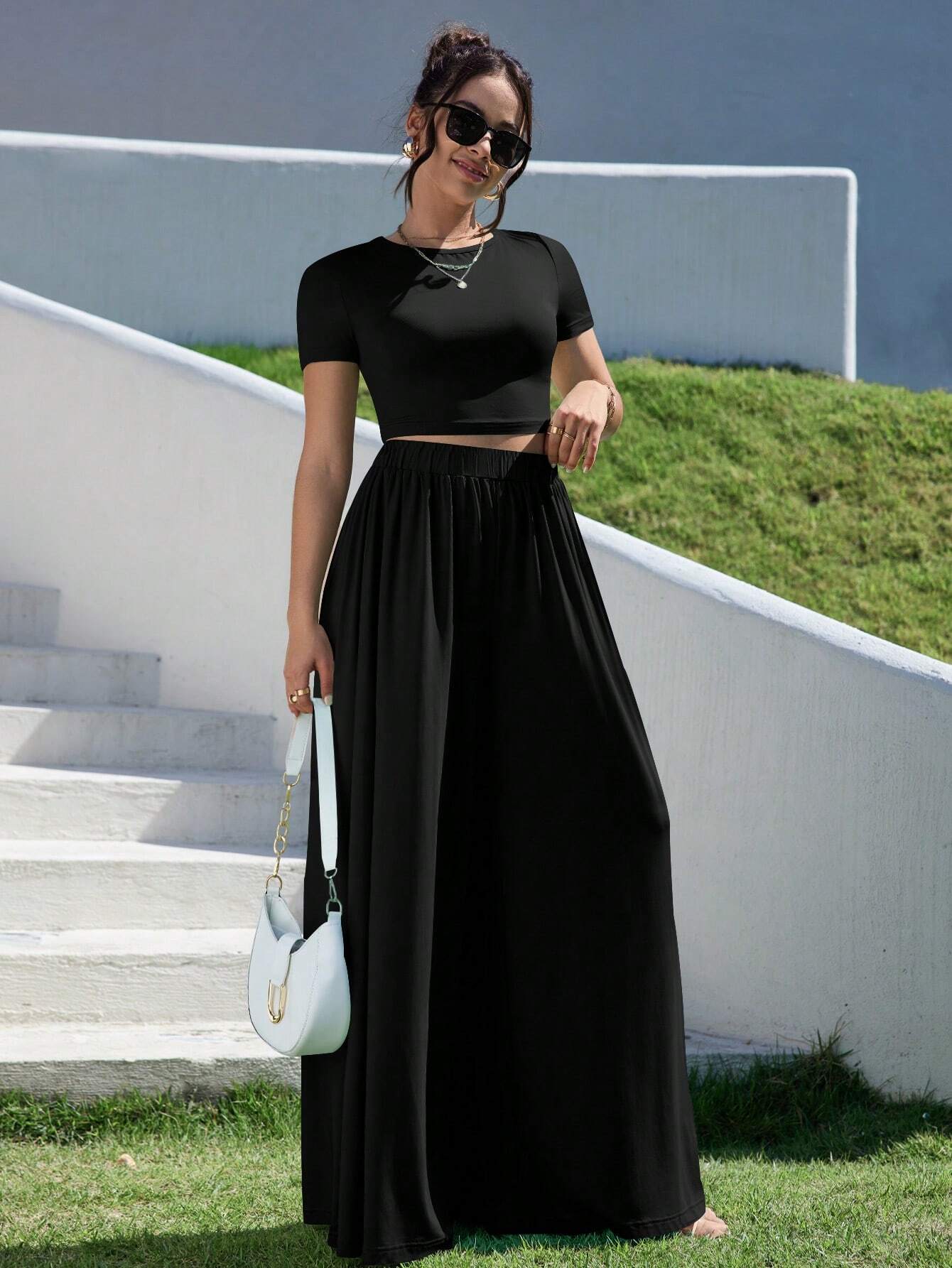  | SHEIN Essnce Solid Slim Fit Crop Tee & Fold Pleated Wide Leg Pants | Top and Pant Set | Shein | OneHub