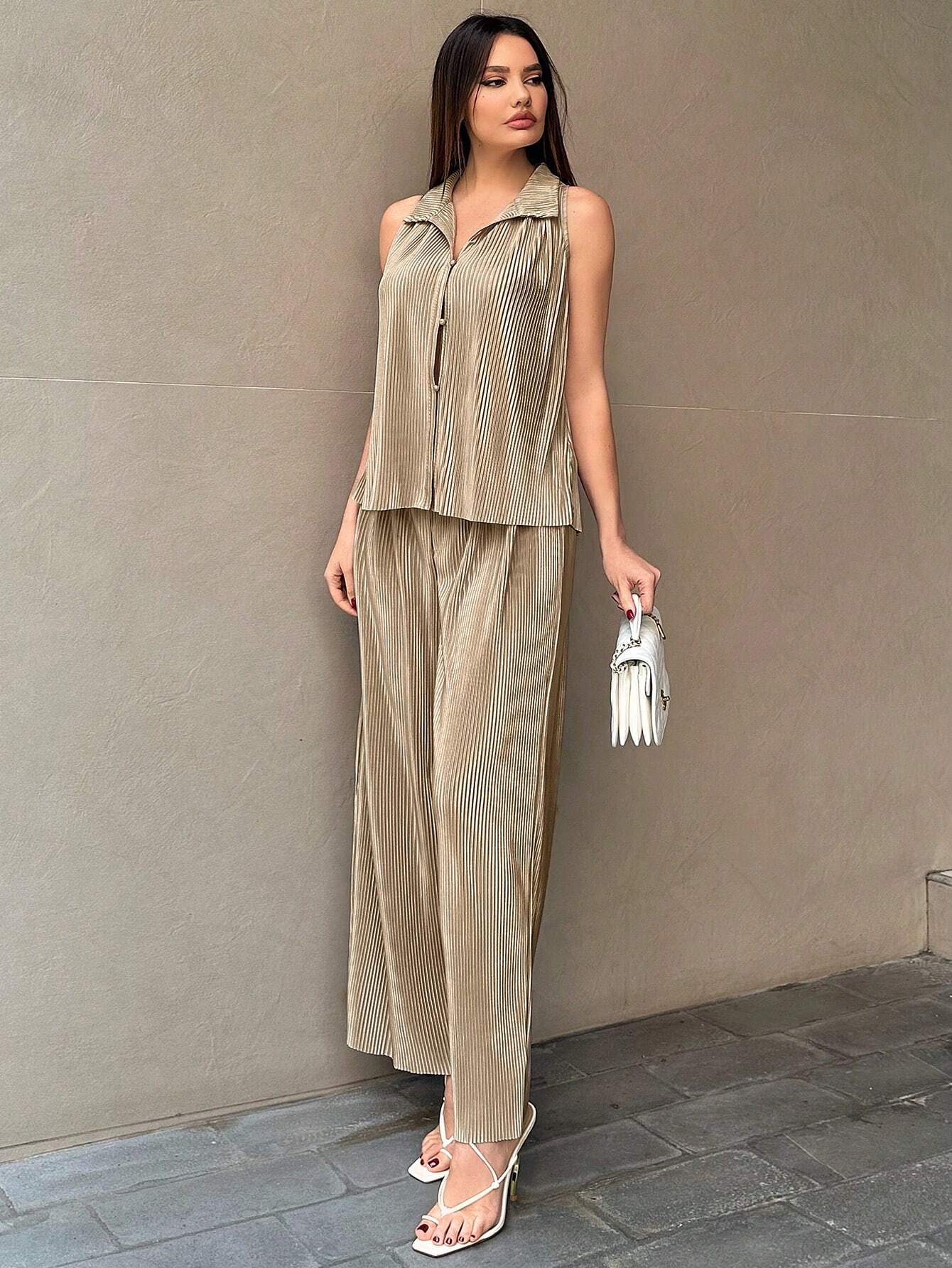 | SHEIN Essnce Women's Button Front Sleeveless Top And Wide Leg Pants 2pcs/Set | Top and Pant Set | Shein | OneHub