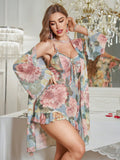  | SHEIN Fashionable Floral Print Lace Hem Cami Chemise & Robe Set | Night Dress | Shein | OneHub