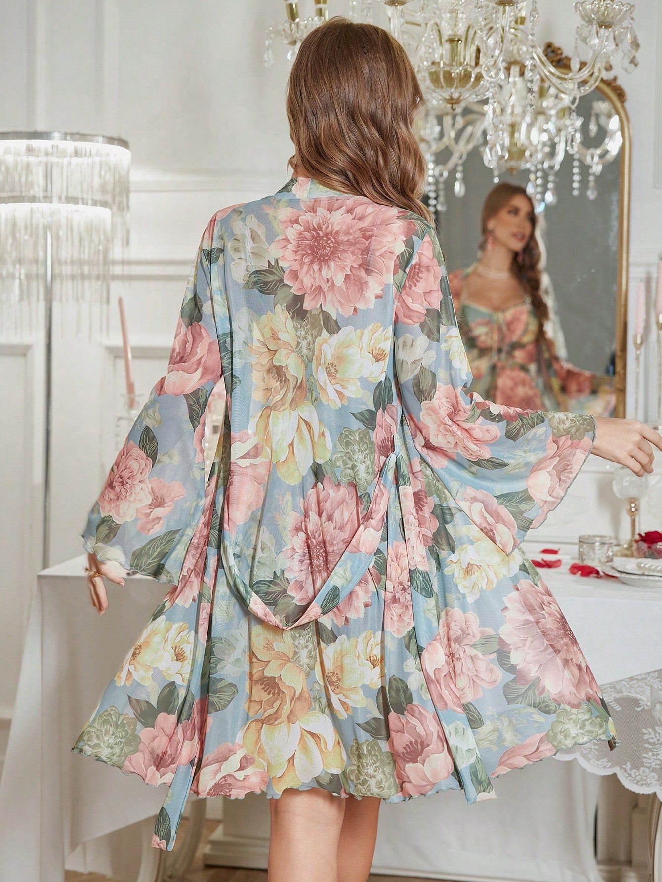  | SHEIN Fashionable Floral Print Lace Hem Cami Chemise & Robe Set | Night Dress | Shein | OneHub