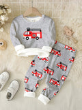 SHEIN Fire Truck Print Baby Boy Casual Snug Fit Round Neck Long Sleeve Top And Pants Loungewear Set, Suitable For Autumn/Winter