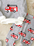 SHEIN Fire Truck Print Baby Boy Casual Snug Fit Round Neck Long Sleeve Top And Pants Loungewear Set, Suitable For Autumn/Winter