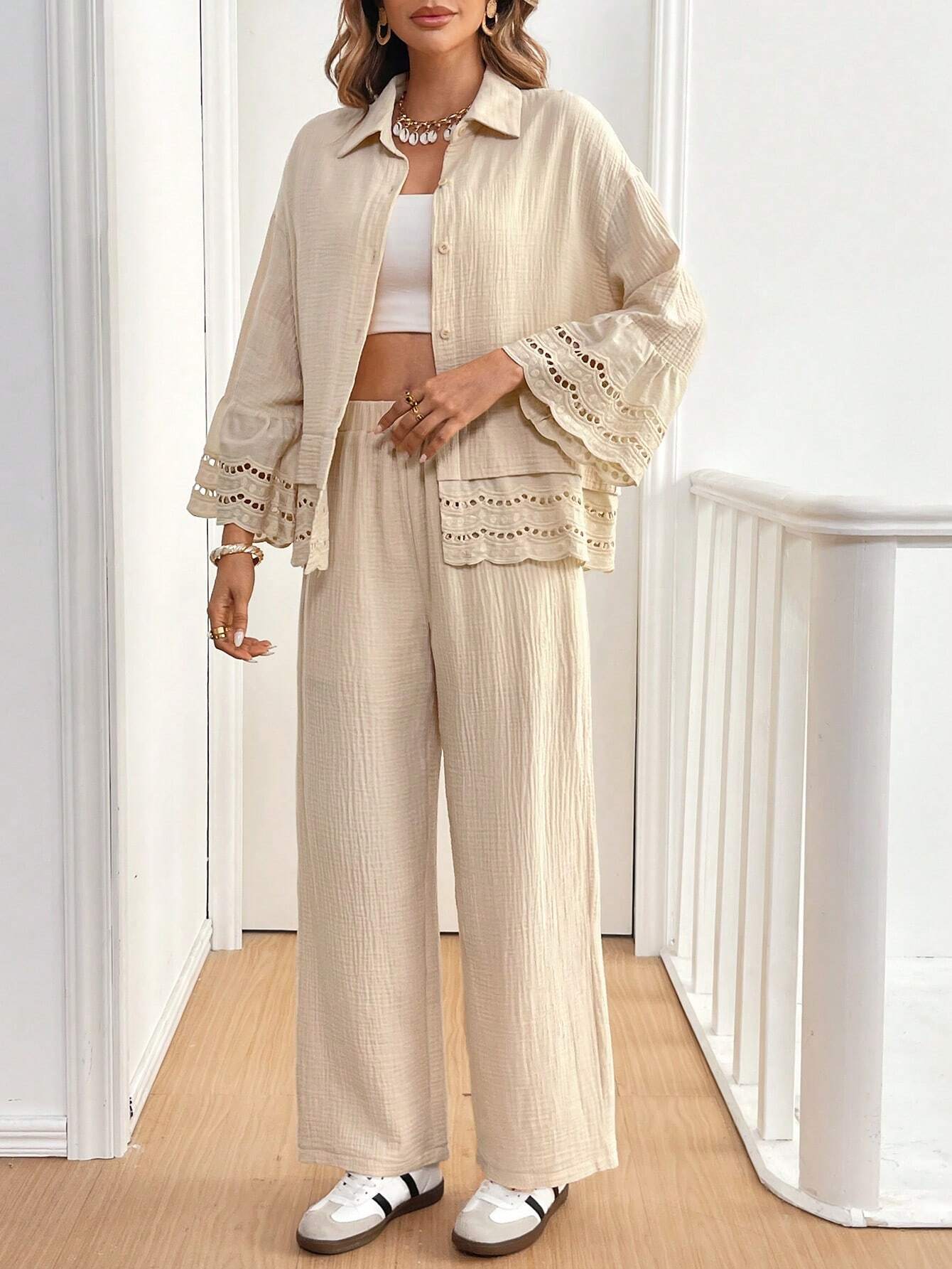  | SHEIN Frenchy 2pcs Women Casual Single Button Long Sleeve100%Cotton Shirt & Pants Suit, Loose Fit, Fall Winter Women Clothes Two Pieces Fall Sets Brown Set Women Fall Sets Women Outfit Sets | Top and Pant Set | Shein | OneHub