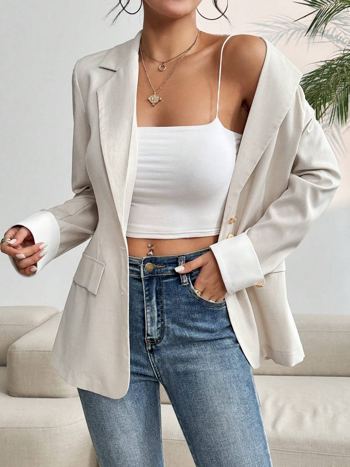  | SHEIN Frenchy Color Block Pleated Cuff Slightly Slim Fit Commute & Casual Blazer | Blazer | Shein | OneHub