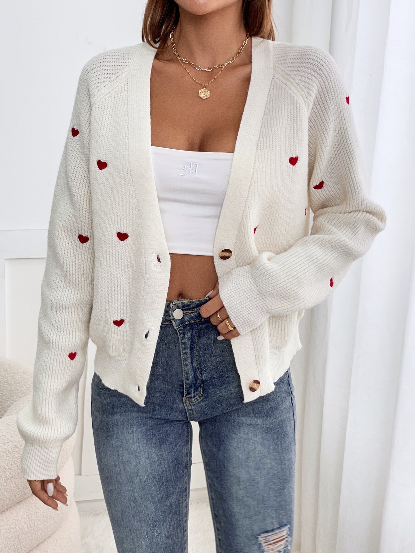  | SHEIN Frenchy Heart Embroidery Button Front Cardigan | Sweater | Shein | OneHub