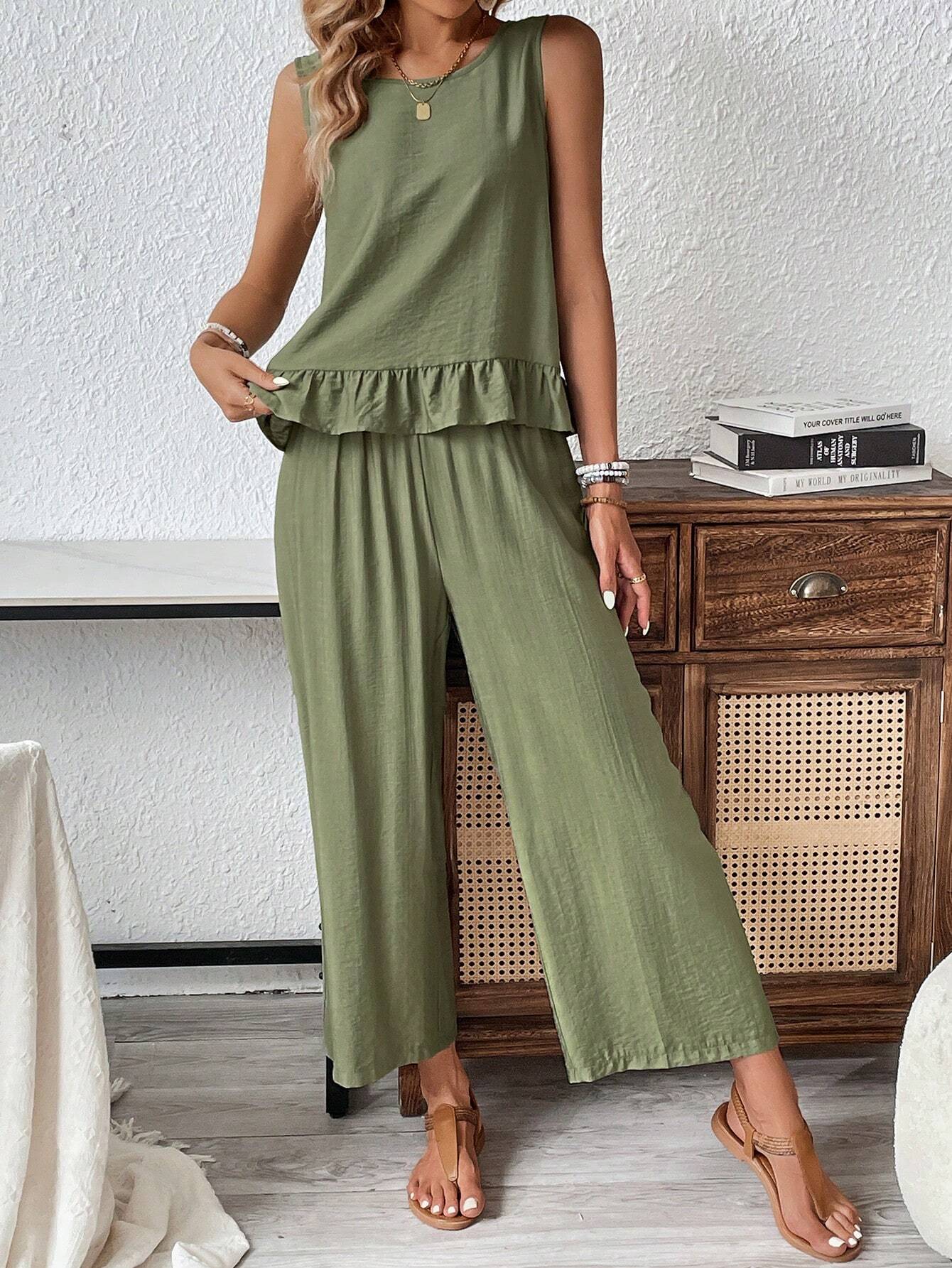  | SHEIN Frenchy Sleeveless Tank Top With Ruffled Hem And Linen Pants, Summer 2pcs/Set | Dress | OneHub | OneHub