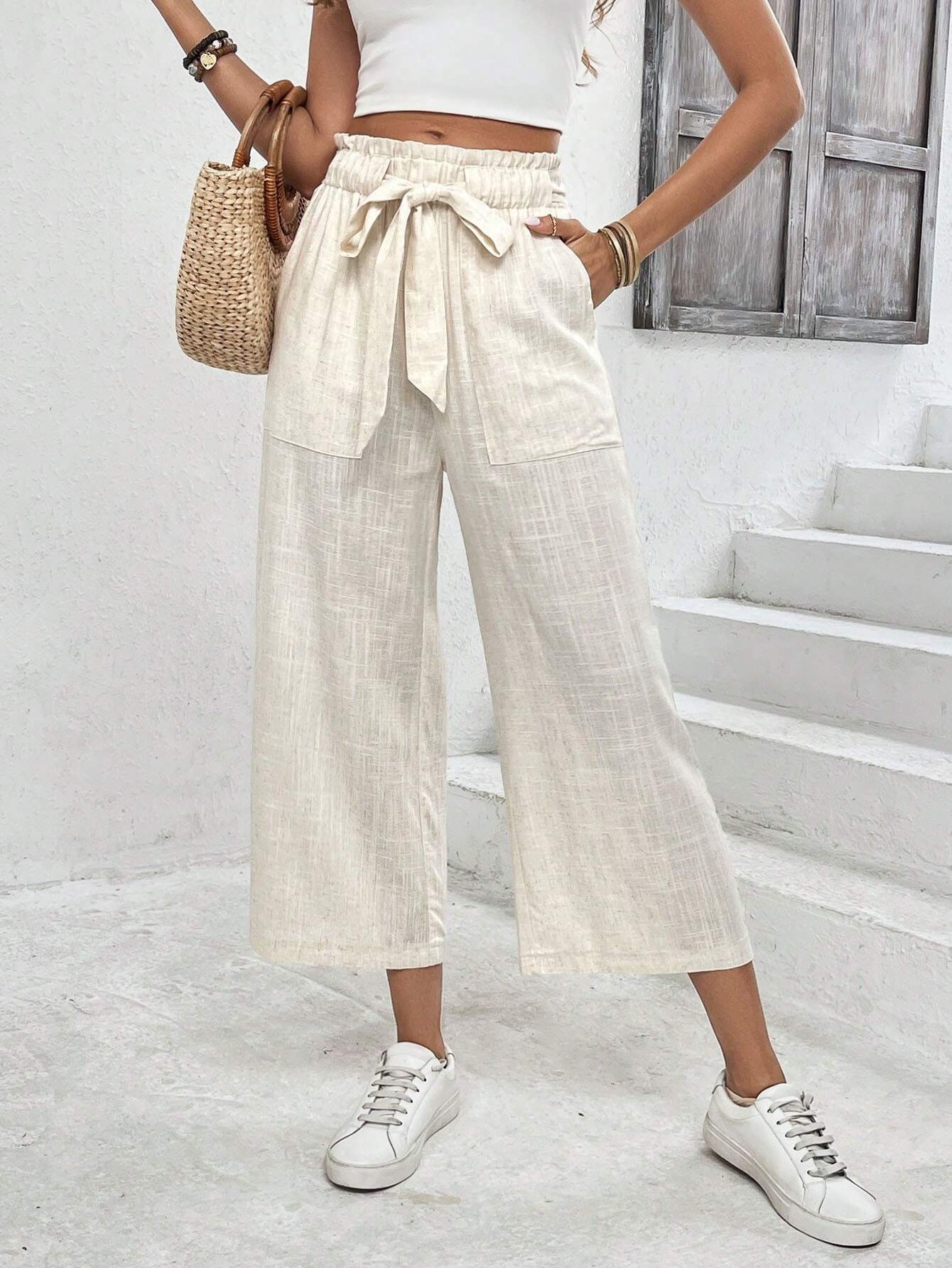  | SHEIN Frenchy Solid Color Pocketed Tie-Waist Paper Bag Pants, Casual Long Trousers | Pants | Shein | OneHub