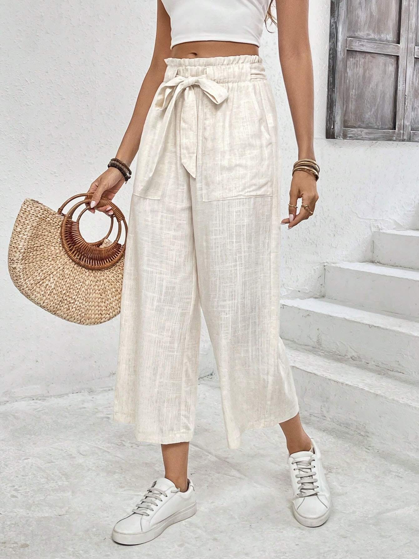  | SHEIN Frenchy Solid Color Pocketed Tie-Waist Paper Bag Pants, Casual Long Trousers | Pants | Shein | OneHub