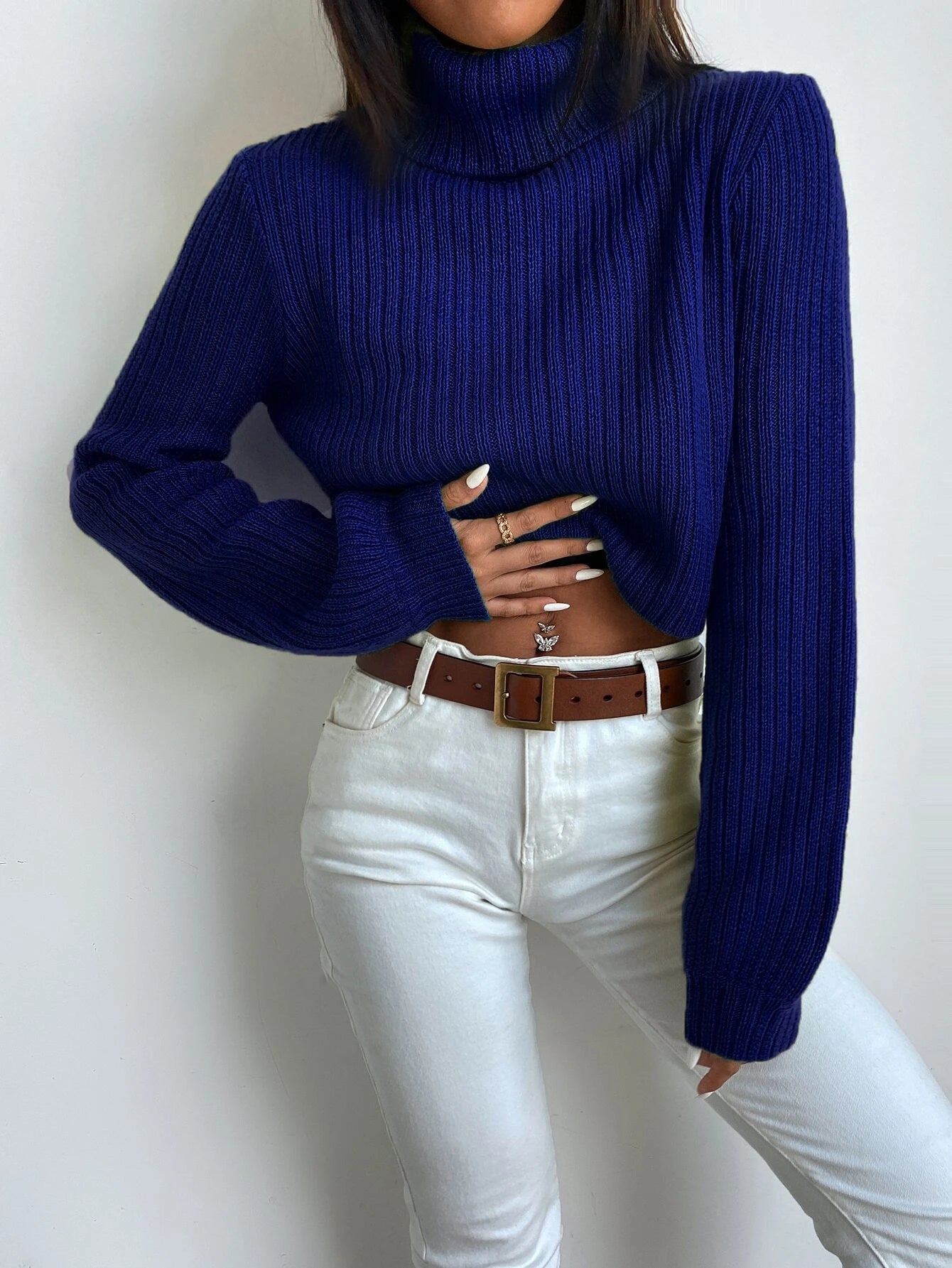  | SHEIN Frenchy Solid Turtleneck Bishop Sleeve Crop Sweater | Sweater | Shein | OneHub