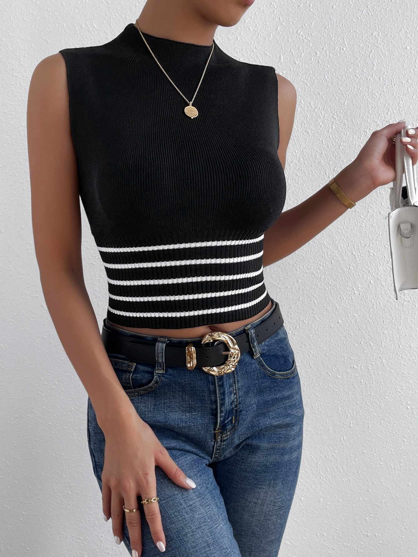  | SHEIN Frenchy Striped Pattern Mock Neck Knit Top | Skirt | Shein | OneHub