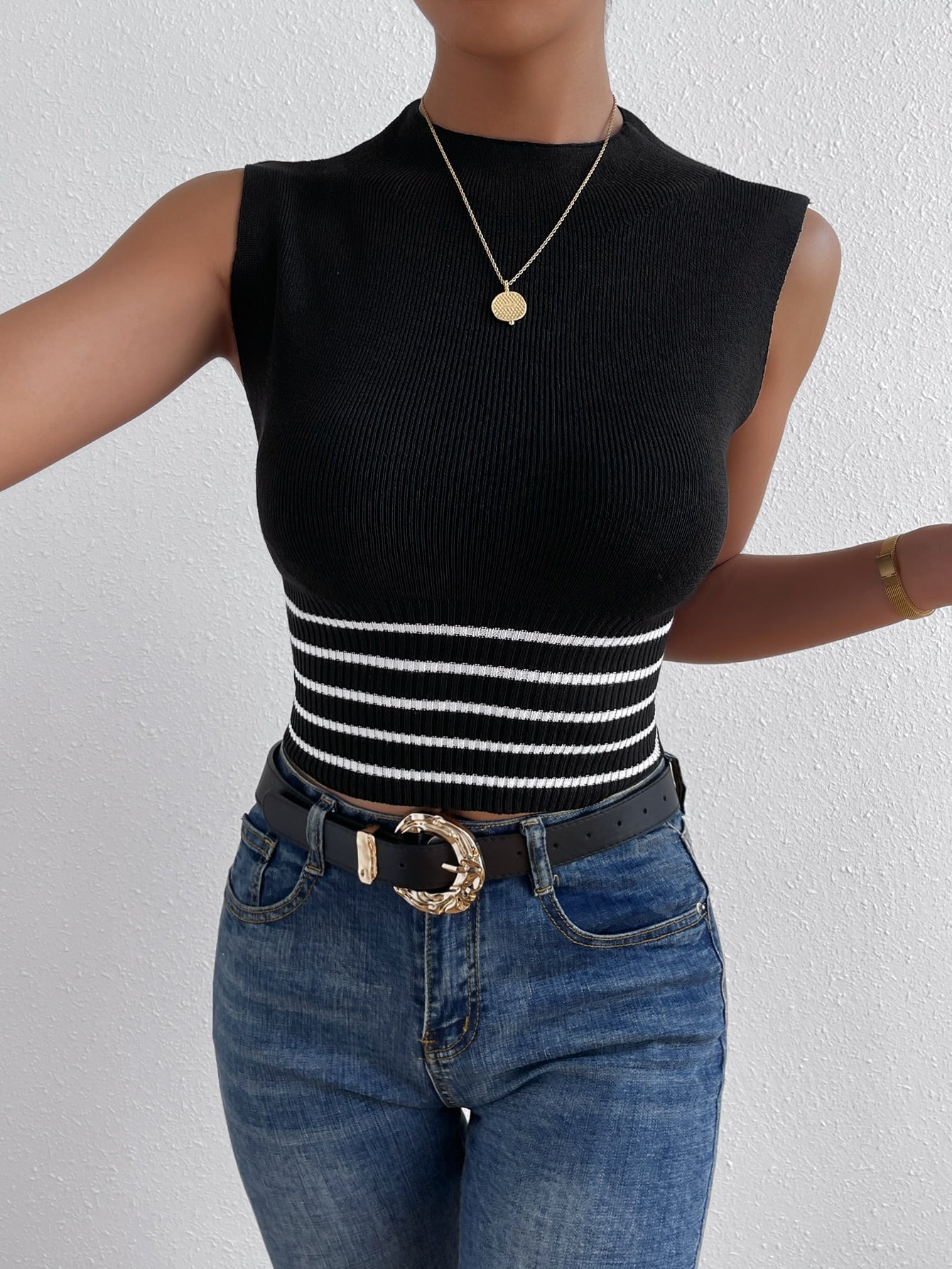  | SHEIN Frenchy Striped Pattern Mock Neck Knit Top | Skirt | Shein | OneHub