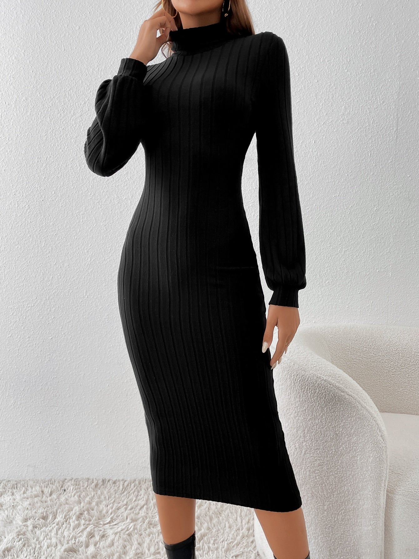  | SHEIN Frenchy Turtleneck Lantern Sleeve Bodycon Dress Without Belt | Dress | Shein | OneHub