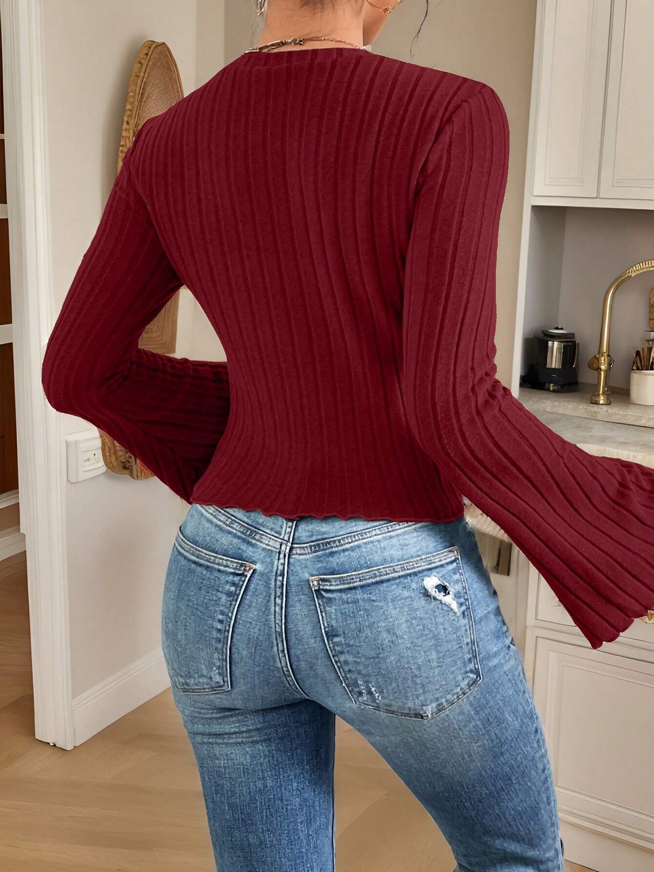  | SHEIN Frenchy Women's Fall Winter Autumn Casual Solid Color Bell Sleeve Textured Fabric Crew Neck T-Shirt, | Top | Shein | OneHub