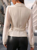  | SHEIN Frenchy Women's Spring Autumn Transparent Mesh Long Sleeve Tie Side Waist Knot Apricot Fitted Work Women Dresses Elegant Shirt | Blouse | Shein | OneHub