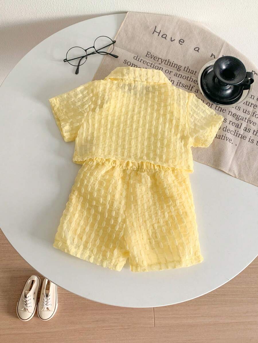  | SHEIN Genkimix Kids Baby Girls' Holiday Leisure Style Textured Fabric Short Sleeved Shirt + Shorts + Suspenders Romper 3pcs Set - Perfect For Daily Wear, Exclusive For Summer | Dress | Shein | OneHub