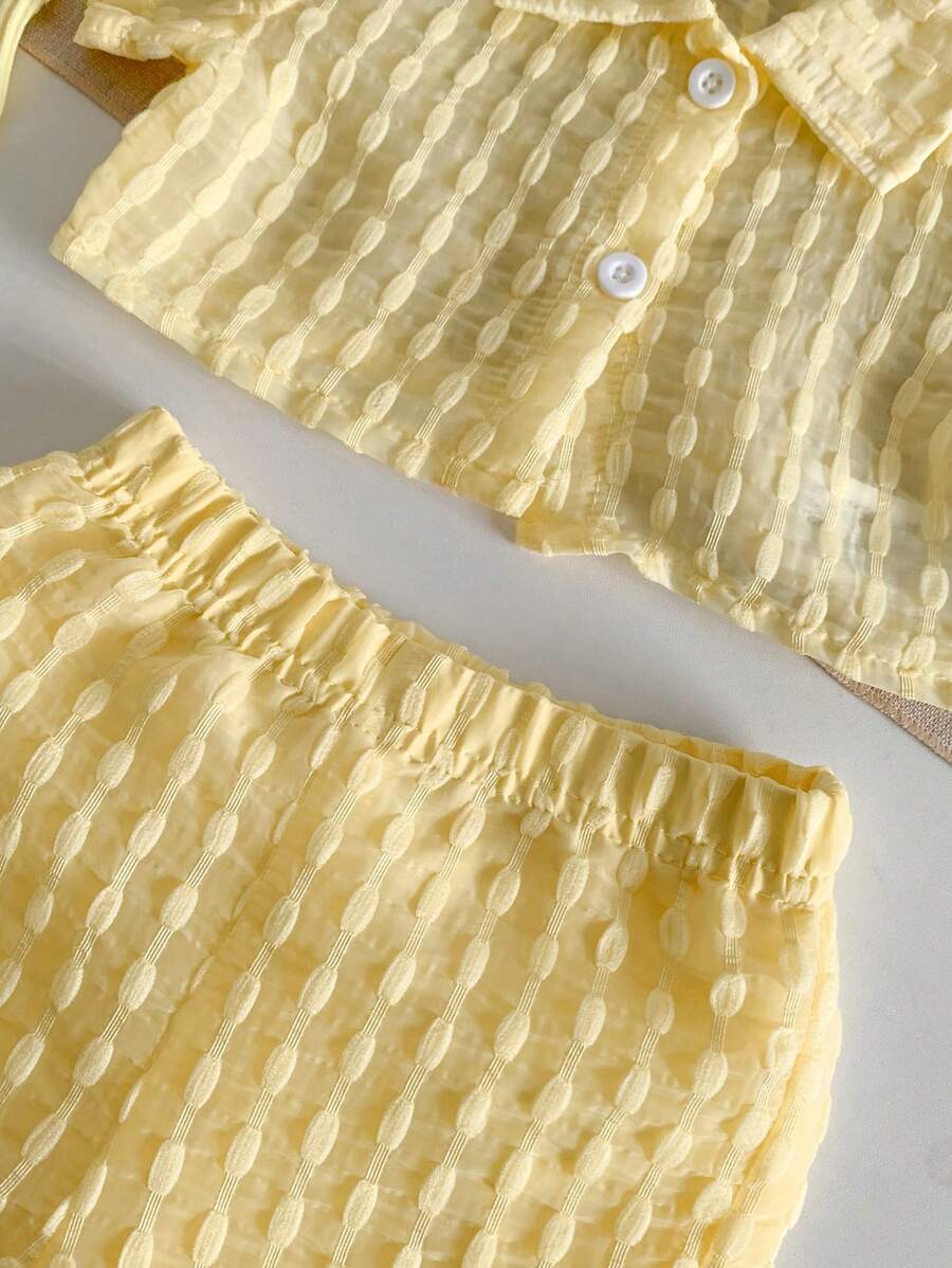  | SHEIN Genkimix Kids Baby Girls' Holiday Leisure Style Textured Fabric Short Sleeved Shirt + Shorts + Suspenders Romper 3pcs Set - Perfect For Daily Wear, Exclusive For Summer | Dress | Shein | OneHub