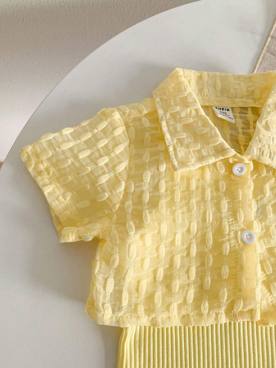  | SHEIN Genkimix Kids Baby Girls' Holiday Leisure Style Textured Fabric Short Sleeved Shirt + Shorts + Suspenders Romper 3pcs Set - Perfect For Daily Wear, Exclusive For Summer | Dress | Shein | OneHub