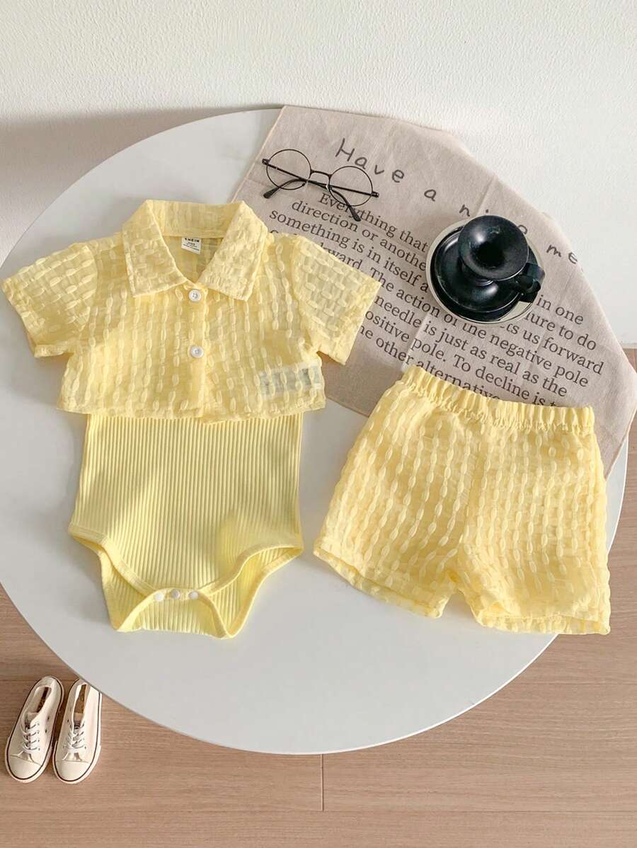  | SHEIN Genkimix Kids Baby Girls' Holiday Leisure Style Textured Fabric Short Sleeved Shirt + Shorts + Suspenders Romper 3pcs Set - Perfect For Daily Wear, Exclusive For Summer | Dress | Shein | OneHub