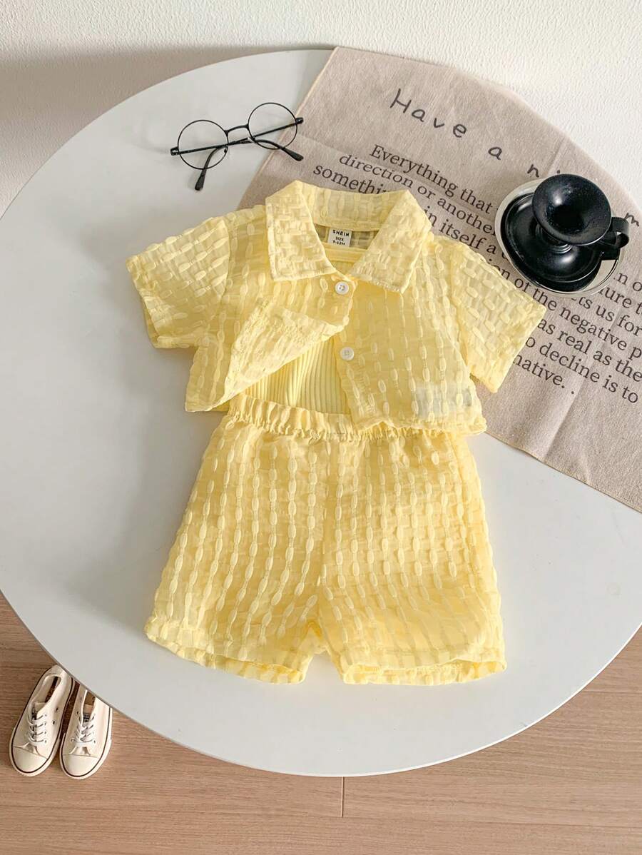  | SHEIN Genkimix Kids Baby Girls' Holiday Leisure Style Textured Fabric Short Sleeved Shirt + Shorts + Suspenders Romper 3pcs Set - Perfect For Daily Wear, Exclusive For Summer | Dress | Shein | OneHub