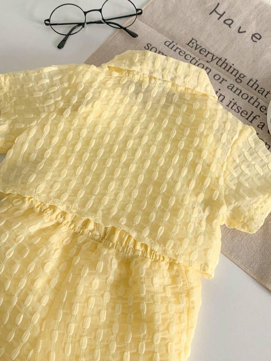  | SHEIN Genkimix Kids Baby Girls' Holiday Leisure Style Textured Fabric Short Sleeved Shirt + Shorts + Suspenders Romper 3pcs Set - Perfect For Daily Wear, Exclusive For Summer | Dress | Shein | OneHub