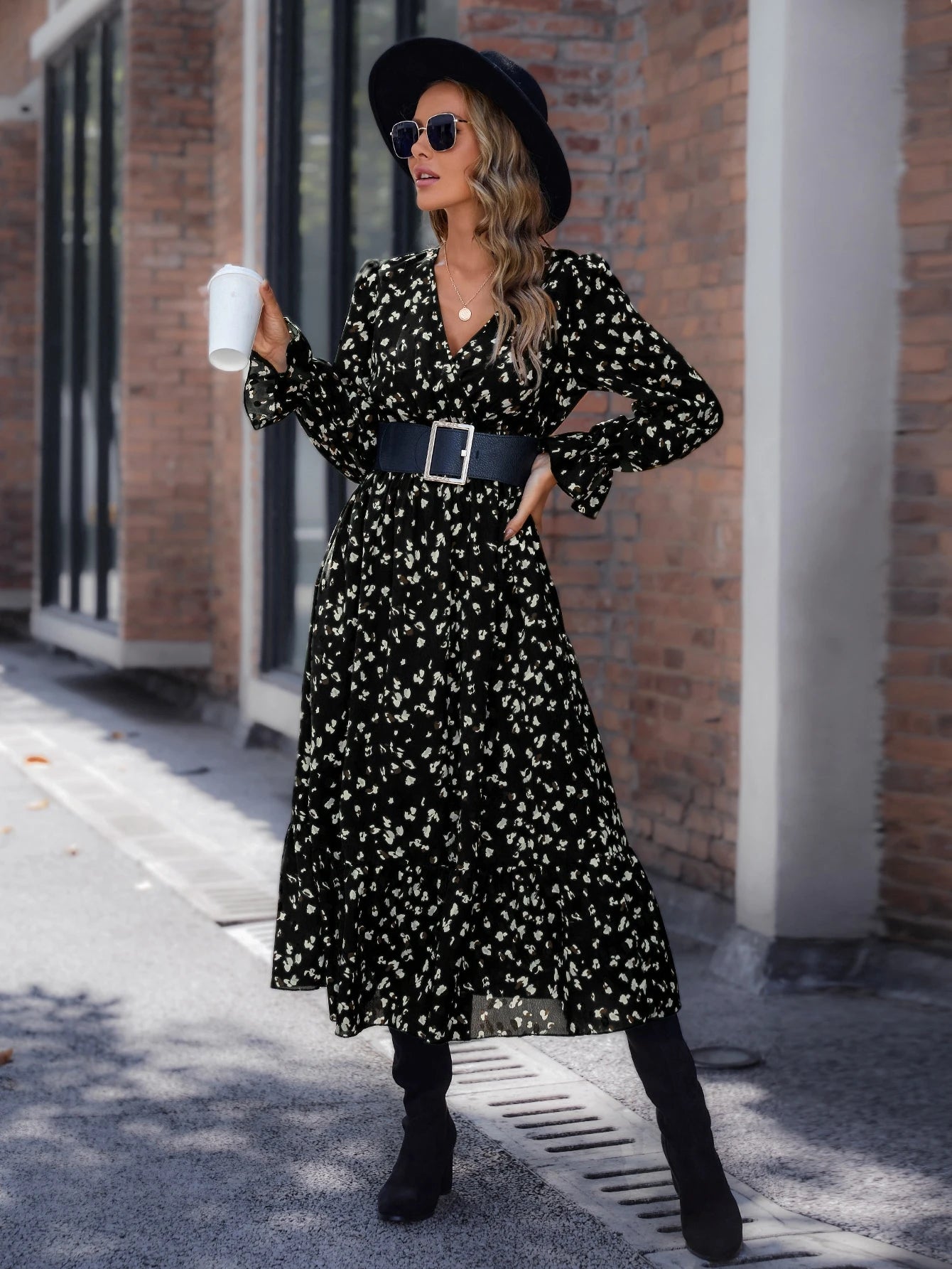  | SHEIN LUNE Allover Print Flounce Sleeve Ruffle Hem Dress Without Belt Maxi Women Outfit | Dress | Shein | OneHub